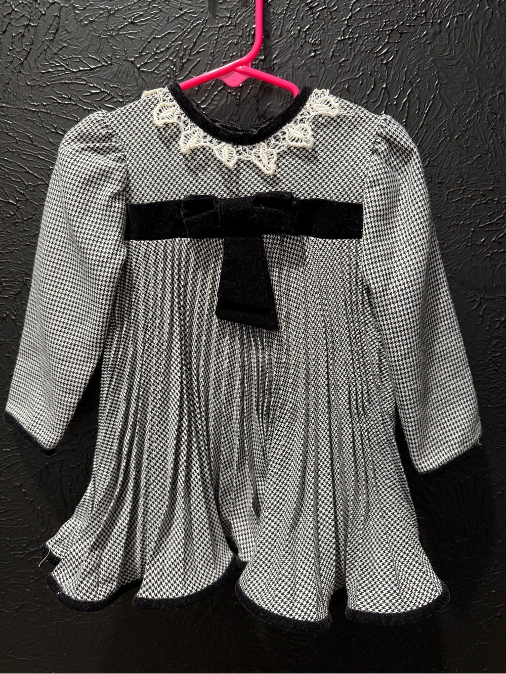 Vintage Bonnie Jean Black & White Houndstooth Dress with Velvet Bow